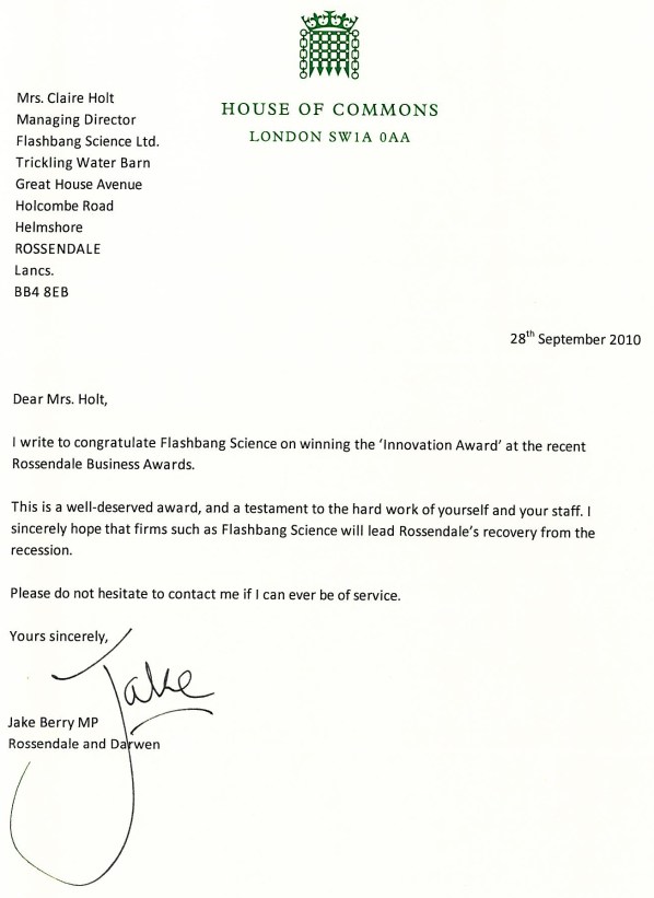 Scan of letter from Jake Berry MP on Tuesday, September 28, 2010.