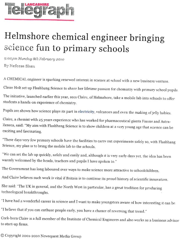 Scan of article in Lancashire Telegraph from Monday, February 8, 2010.