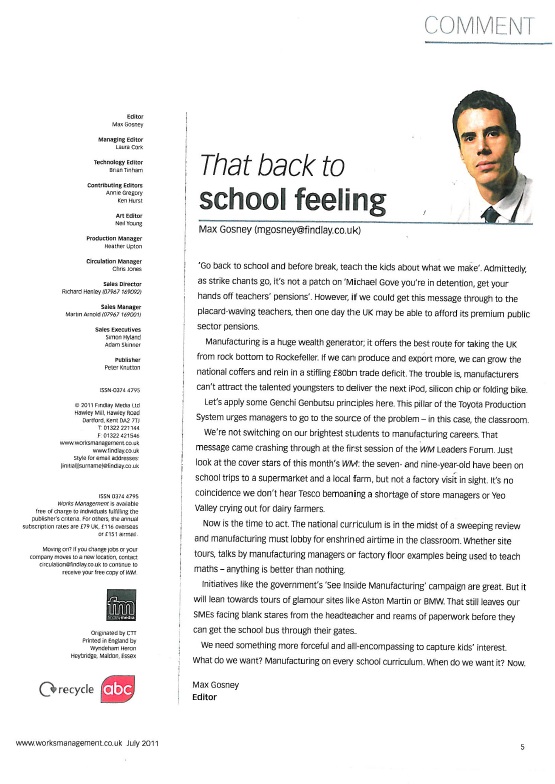 Scan of feature article in Works Management Monthly dated July 2011.